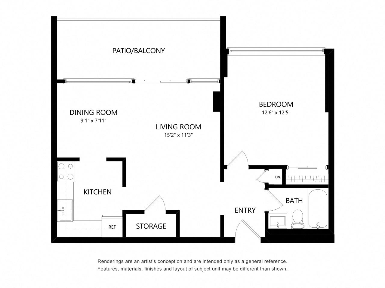 Floor plan for 1 bed, 1 bath, 770 sqft